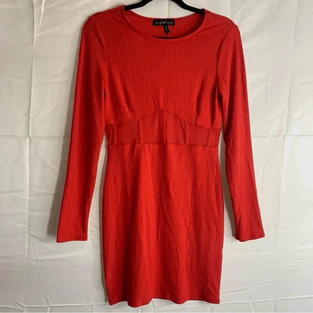 NWoT Derek Heart Red Ribbed Mesh Long Sleeve Bodycon Dress, size M - Picture 8 of 8